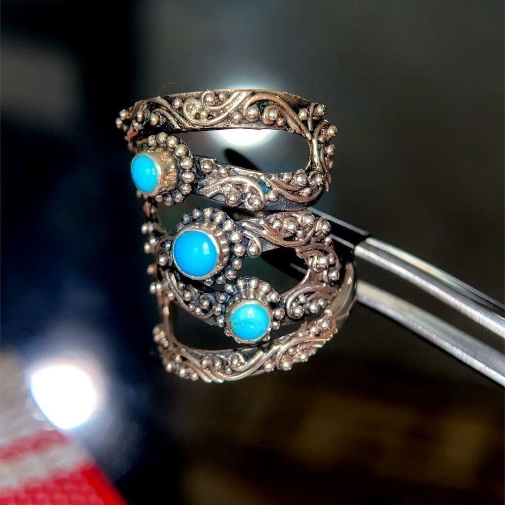 Silver 925 3-Turquoise Wrap Cool Ring - Picture 7 of 13